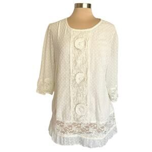 Frock & Frill Swiss Dot Lace Medallion Embellished Tunic Top Sz 12 Boho Cottage